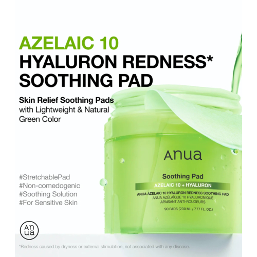 Anua - Discos Azelaic 10 Hyaluron Redness Soothing formato de discos