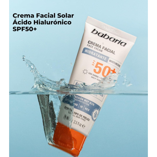 Babaria - Protetor solar facial hidratante FPS50+ - Ácido Hialurônico