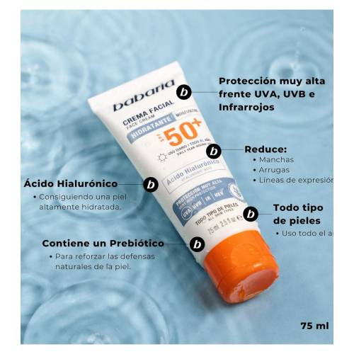 Babaria - Protetor solar facial hidratante FPS50+ - Ácido Hialurônico