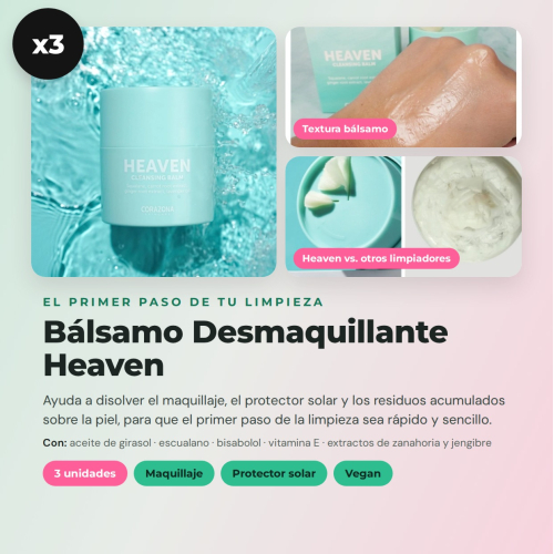 CORAZONA - Pack 3 Bálsamos Desmaquilhantes Heaven com Disco de Presente Reutilizável para Limpeza Facial Vegan e Cruelty Free