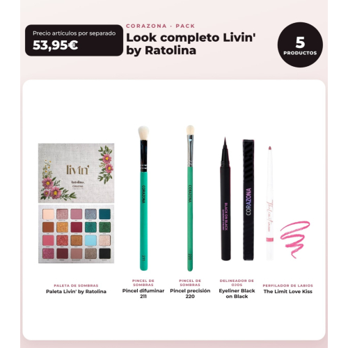 CORAZONA - Pack Look Completo Livin' by Ratolina - Paleta de Sombras + 2 Pincéis + Delineador + Perfilador de Lábios