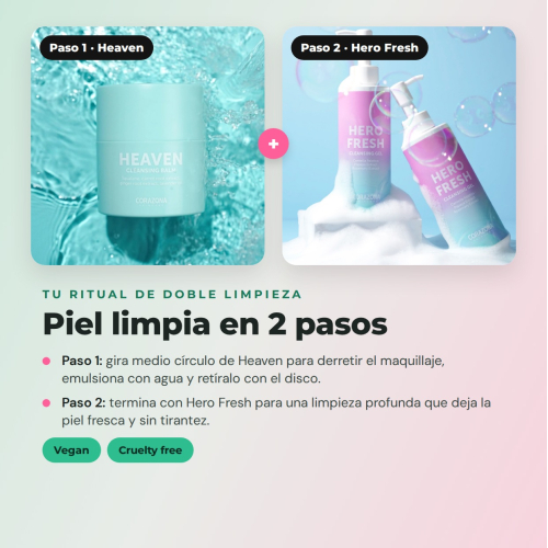 CORAZONA Pack Cuidados de Pele Dupla Limpeza - Bálsamo Heaven, Gel Hero Fresh e Disco Reutilizável para Pele Limpa e Fresca