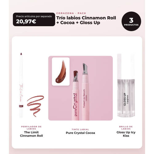 CORAZONA - Pack Trío Lábios com The Limit Cinnamon Roll, Pure Crystal Cocoa e Gloss Up Icy Kiss