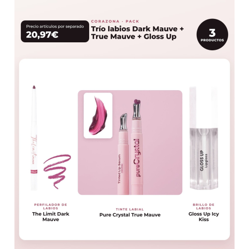 CORAZONA - Pack Trío Lábios com The Limit Dark Mauve, Pure Crystal True Mauve e Gloss Up Icy Kiss