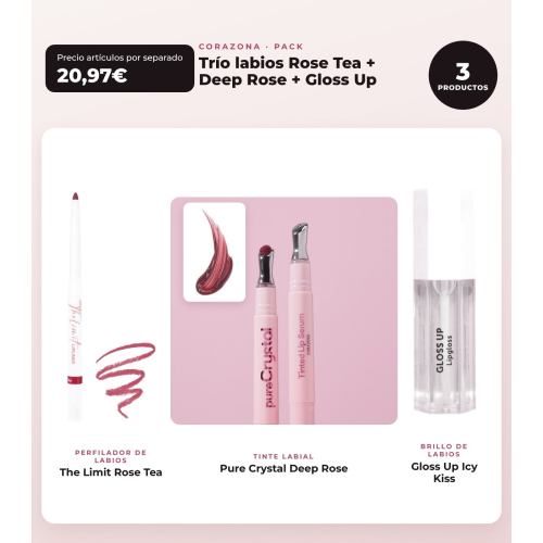 CORAZONA - Pack Trío Lábios com The Limit Rose Tea, Pure Crystal Deep Rose e Gloss Up Icy Kiss