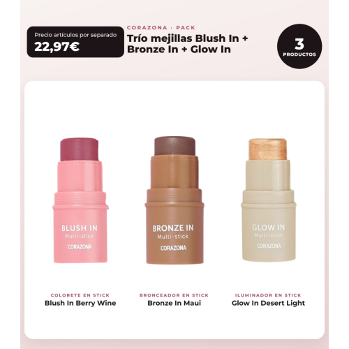CORAZONA - Pack Trío Mejilhas Blush In - Berry Wine + Bronze In - Maui + Glow In - Desert Light