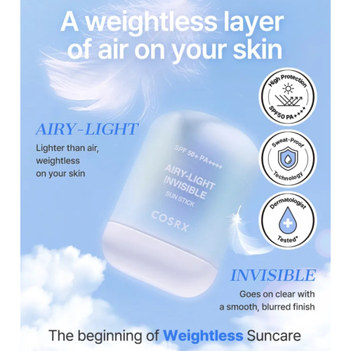 COSRX - Protetor solar facial em bastão Airy-Light Invisible SPF50 PA++++