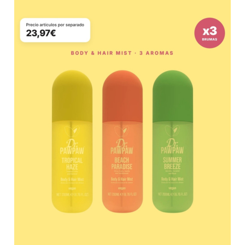 Dr. PAWPAW - Pack 3 Brumas Perfumadas para Cabelo e Corpo Tropical Haze, Beach Paradise e Summer Breeze