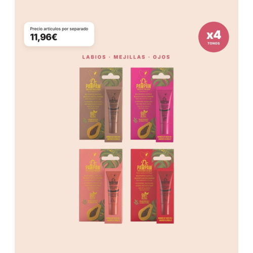 Dr. PAWPAW - Pack 4 Bálsamos Labiais Multifuncionais com Color Ultimate Red, Rich Mocha, Hot Pink e Peach Pink para Lábios, Maçãs do Rosto e Olhos