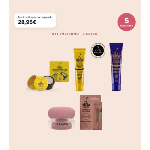 Dr. PAWPAW - Kit de Inverno para Lábios 5 Produtos | Dúo Esfoliante Scrub & Nourish, Bálsamo Original Clear, Máscara Overnight, Cloud Balm e Tinte Labial Nutritivo