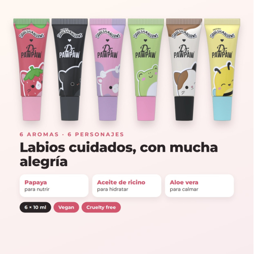 Dr. PAWPAW - Conjunto Completo de Squishmallows | 6 Bálsamos de Lábios Hidratantes com Aromas Inspirados em Personagens Adoráveis e Fórmula Enriquecida com Extracto de Papaya