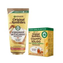 Garnier - Pacote de condicionador sem enxágue + shampoo sólido Honey Treasures Original Remedies - Cabelos danificados e quebradiços