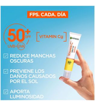 Garnier - *Skin Active* - Fluido diário anti-manchas e anti-UV com Vitamina C FPS50+ - Efeito Brilho