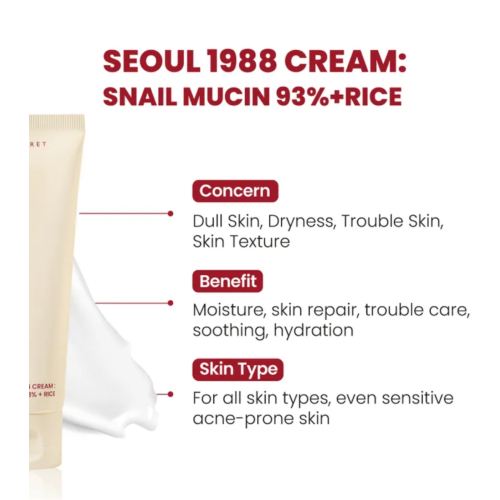 K-Secret - *Seoul 1988* - Creme Facial Snail Mucin 93% + Rice