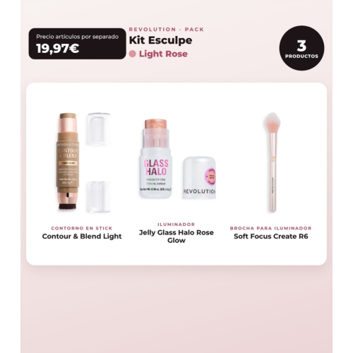 Makeup Revolution - Set de Contorno em stick Reloaded Contour & Blend - Light + Iluminador Jelly Glass Halo - Rose Glow + Pincel para iluminador Soft Focus Create - R6