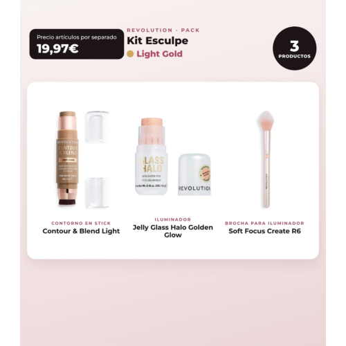 Makeup Revolution - Set de Contorno em stick Reloaded Contour & Blend - Light + Iluminador Jelly Glass Halo - Golden Glow + Pincel para iluminador Soft Focus Create - R6