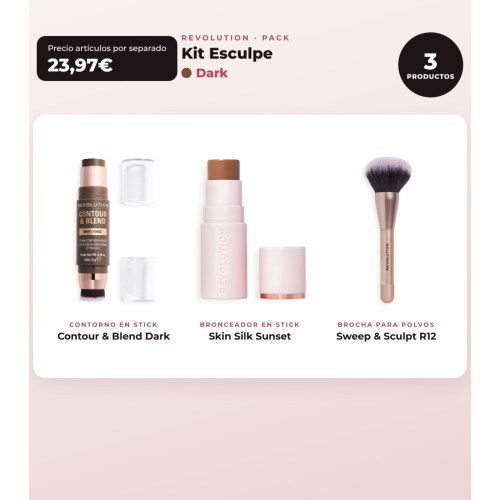 Makeup Revolution - Set de Contorno em stick Reloaded Contour & Blend - Light + Iluminador Jelly Glass Halo - Golden Glow + Pincel para iluminador Soft Focus Create - R6