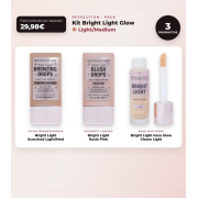 Makeup Revolution - Set de Gotas bronzeadoras Bright Light - Scorched Light/ Med + Colorete líquido Bright Light - Rosie Pink + Base multiusos Bright Light Face Glow - Gleam Light