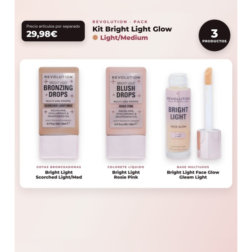 Makeup Revolution - Set de Gotas bronzeadoras Bright Light - Scorched Light/ Med + Colorete líquido Bright Light - Rosie Pink + Base multiusos Bright Light Face Glow - Gleam Light