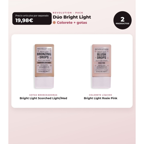 Makeup Revolution - Set de Gotas Bronzeadoras Bright Light - Scorched Light/ Med + Colorete Líquido Bright Light - Rosie Pink