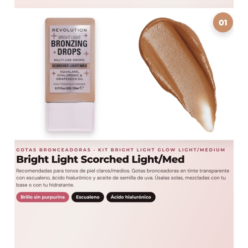 Makeup Revolution - Set de Gotas bronzeadoras Bright Light - Scorched Light/ Med + Colorete líquido Bright Light - Rosie Pink + Base multiusos Bright Light Face Glow - Gleam Light