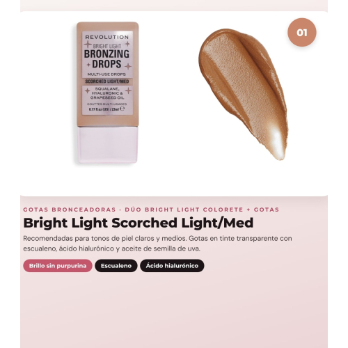 Makeup Revolution - Set de Gotas Bronzeadoras Bright Light - Scorched Light/ Med + Colorete Líquido Bright Light - Rosie Pink