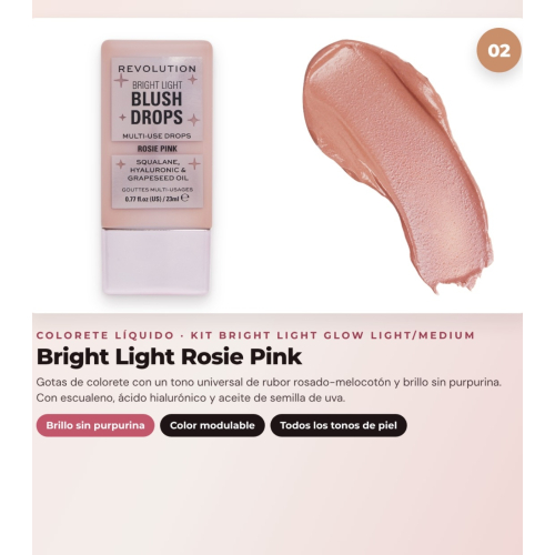 Makeup Revolution - Set de Gotas bronzeadoras Bright Light - Scorched Light/ Med + Colorete líquido Bright Light - Rosie Pink + Base multiusos Bright Light Face Glow - Gleam Light