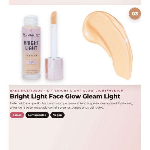 Makeup Revolution - Set de Gotas bronzeadoras Bright Light - Scorched Light/ Med + Colorete líquido Bright Light - Rosie Pink + Base multiusos Bright Light Face Glow - Gleam Light