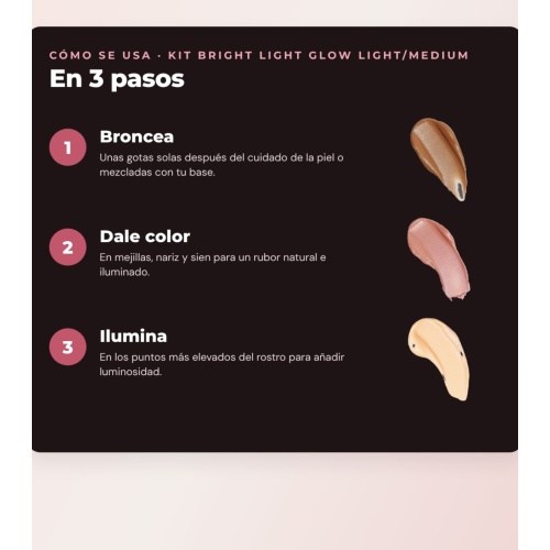 Makeup Revolution - Set de Gotas bronzeadoras Bright Light - Scorched Light/ Med + Colorete líquido Bright Light - Rosie Pink + Base multiusos Bright Light Face Glow - Gleam Light