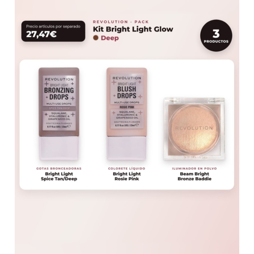 Makeup Revolution - Set de Gotas bronzeadoras Bright Light - Spice Tan/Deep + Colorete líquido Bright Light - Rosie Pink + Iluminador em pó Beam Bright - Bronze Baddie