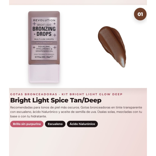 Makeup Revolution - Set de Gotas bronzeadoras Bright Light - Spice Tan/Deep + Colorete líquido Bright Light - Rosie Pink + Iluminador em pó Beam Bright - Bronze Baddie