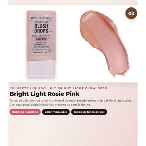 Makeup Revolution - Set de Gotas bronzeadoras Bright Light - Spice Tan/Deep + Colorete líquido Bright Light - Rosie Pink + Iluminador em pó Beam Bright - Bronze Baddie