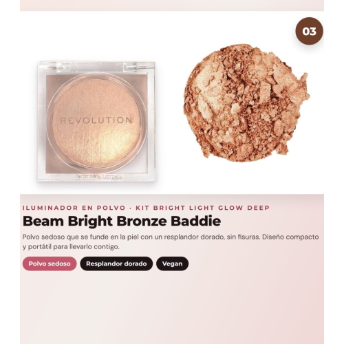 Makeup Revolution - Set de Gotas bronzeadoras Bright Light - Spice Tan/Deep + Colorete líquido Bright Light - Rosie Pink + Iluminador em pó Beam Bright - Bronze Baddie