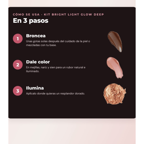 Makeup Revolution - Set de Gotas bronzeadoras Bright Light - Spice Tan/Deep + Colorete líquido Bright Light - Rosie Pink + Iluminador em pó Beam Bright - Bronze Baddie