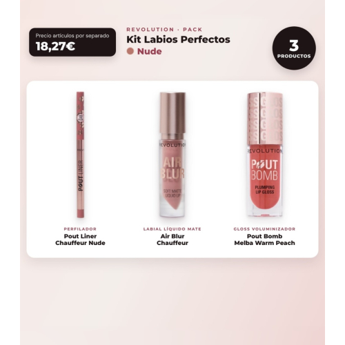 Makeup Revolution - Set de Perfilador de Lábios Pout Liner - Chauffeur Nude + Labial Líquido Mate Air Blur - Chauffeur + Brilho de Lábios Voluminizador Pout Bomb - Melba Warm Peach