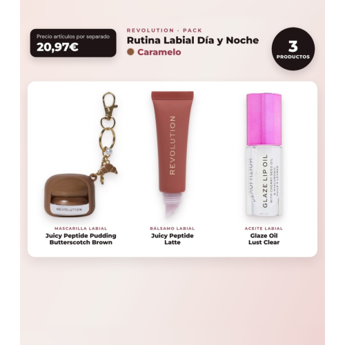 Makeup Revolution - Conjunto de Máscara labial Juicy Peptide Pudding - Butterscotch Brown + Bálsamo labial Juicy Peptide - Latte + Óleo para lábios Glaze Oil - Lust Clear
