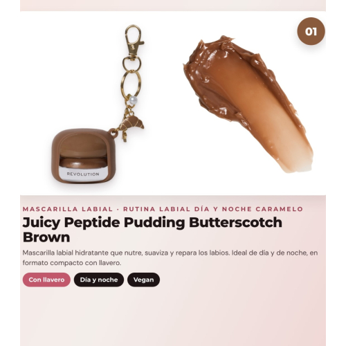 Makeup Revolution - Conjunto de Máscara labial Juicy Peptide Pudding - Butterscotch Brown + Bálsamo labial Juicy Peptide - Latte + Óleo para lábios Glaze Oil - Lust Clear