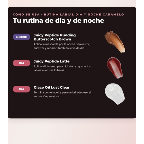 Makeup Revolution - Conjunto de Máscara labial Juicy Peptide Pudding - Butterscotch Brown + Bálsamo labial Juicy Peptide - Latte + Óleo para lábios Glaze Oil - Lust Clear