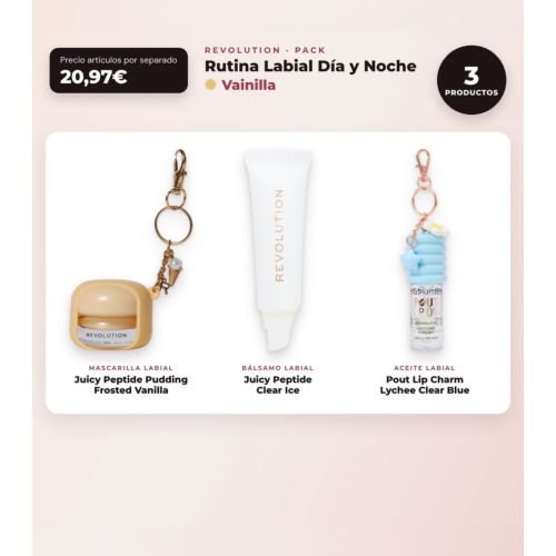 Makeup Revolution - Set de Máscara labial Juicy Peptide Pudding - Frosted Vanilla + Bálsamo labial Juicy Peptide - Clear Ice + Óleo labial Pout Lip Charm - Lychee Clear Blue