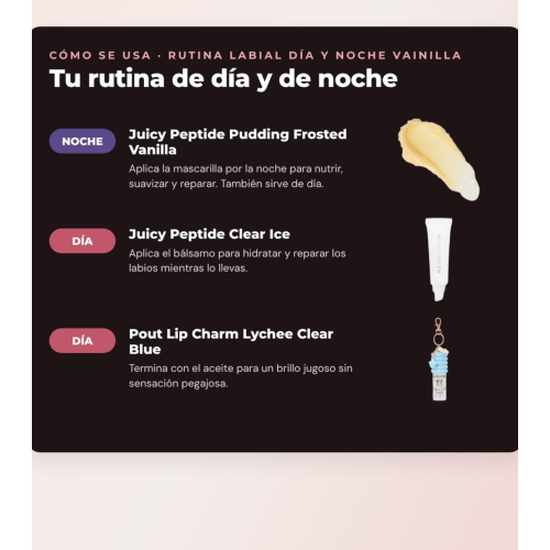 Makeup Revolution - Set de Máscara labial Juicy Peptide Pudding - Frosted Vanilla + Bálsamo labial Juicy Peptide - Clear Ice + Óleo labial Pout Lip Charm - Lychee Clear Blue