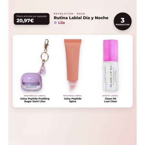 Makeup Revolution - Conjunto de Máscara labial Juicy Peptide Pudding - Sugar Swirl Lilac + Bálsamo labial Juicy Peptide - Spice + Óleo para lábios Glaze Oil - Lust Clear