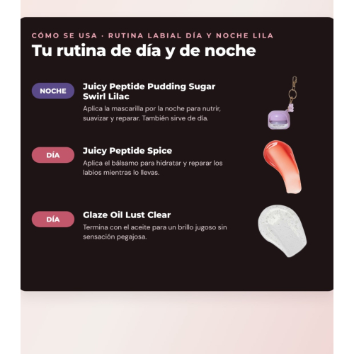 Makeup Revolution - Conjunto de Máscara labial Juicy Peptide Pudding - Sugar Swirl Lilac + Bálsamo labial Juicy Peptide - Spice + Óleo para lábios Glaze Oil - Lust Clear