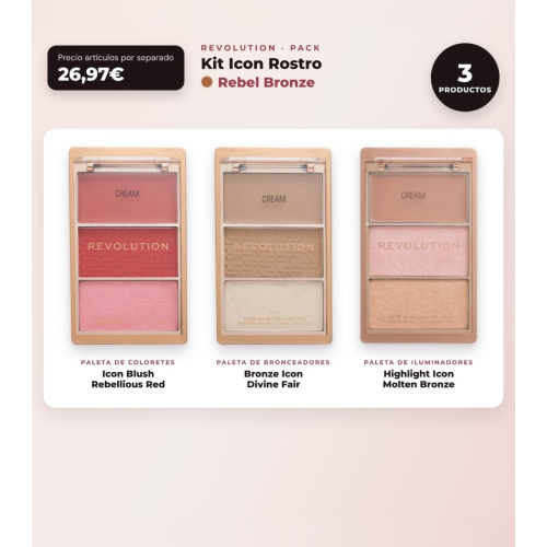 Makeup Revolution - Conjunto de Paleta de blushes Icon Blush - Rebellious Red + Paleta de bronzers Bronze Icon - Divine Fair + Paleta de iluminadores Highlight Icon - Molten Bronze