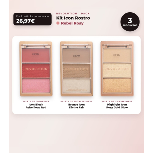 Makeup Revolution - Conjunto de Paleta de blushes Icon Blush - Rebellious Red + Paleta de bronzers Bronze Icon - Divine Fair + Paleta de iluminadores Highlight Icon - Rosy Gold Glow