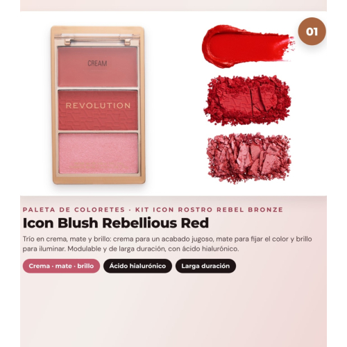 Makeup Revolution - Conjunto de Paleta de blushes Icon Blush - Rebellious Red + Paleta de bronzers Bronze Icon - Divine Fair + Paleta de iluminadores Highlight Icon - Molten Bronze