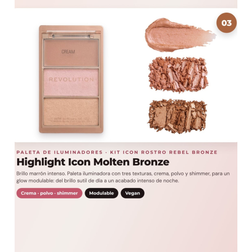 Makeup Revolution - Conjunto de Paleta de blushes Icon Blush - Rebellious Red + Paleta de bronzers Bronze Icon - Divine Fair + Paleta de iluminadores Highlight Icon - Molten Bronze