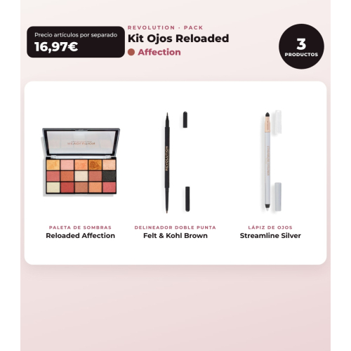 Makeup Revolution - Conjunto de Paleta de sombras Reloaded - Affection + Delineador de olhos Felt & Kohl Precision Dual Liner - Brown + Delineador de olhos Streamline Waterline Eyeliner Pencil - Silver