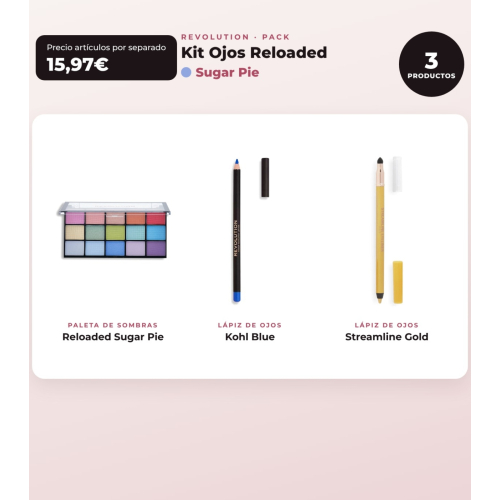 Makeup Revolution - Conjunto de Paleta de sombras Reloaded -  Sugar Pie + Delineador de olhos Kohl - Blue + Delineador de olhos Streamline Waterline Eyeliner Pencil - Gold