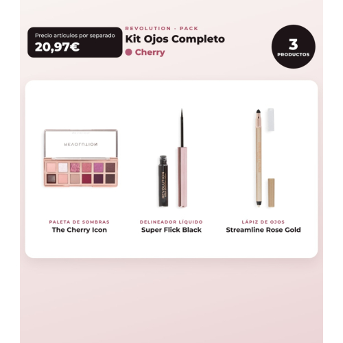 Makeup Revolution - Conjunto de Paleta de sombras The Cherry Icon + Delineador de olhos líquido Super Flick - Black + Delineador de olhos Streamline Waterline Eyeliner Pencil - Rose Gold