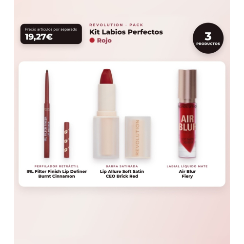 Makeup Revolution - Set de Perfilador de Lábios IRL Filter Finish Lip Definer - Burnt Cinnamon + Barra de Lábios Satinada Lip Allure Soft Satin + Labial Líquido Mate Air Blur - Fiery